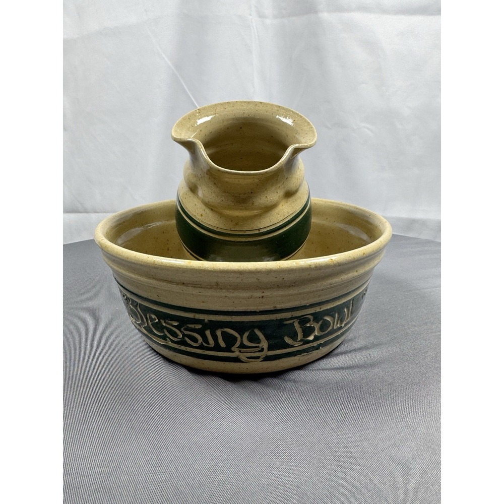 Potters Mark 1997 Blessing Bowl and Pitcher Set Tan Green Speckled Stoneware